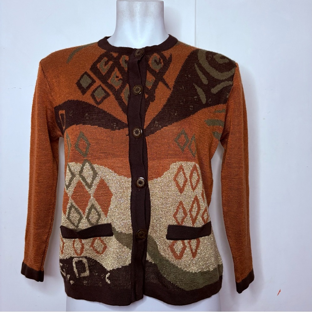 Vintage 80s Lily of California Brown Gold Metallic Graphic Knit Cardigan Sweater